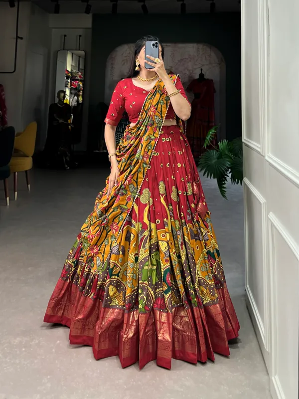 Red_Premium_&_Elegant_Tussar_Silk_Lehenga_Choli_For_Women