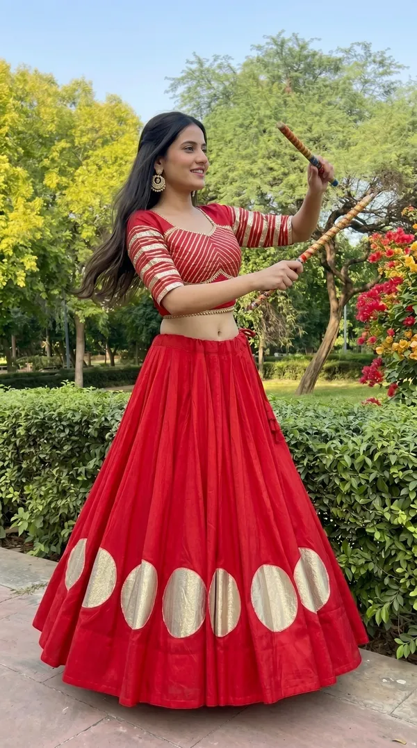 Pure_Roman_Cotton_Fabric_with_Gota_Lehenga_Choli_For_Navratri