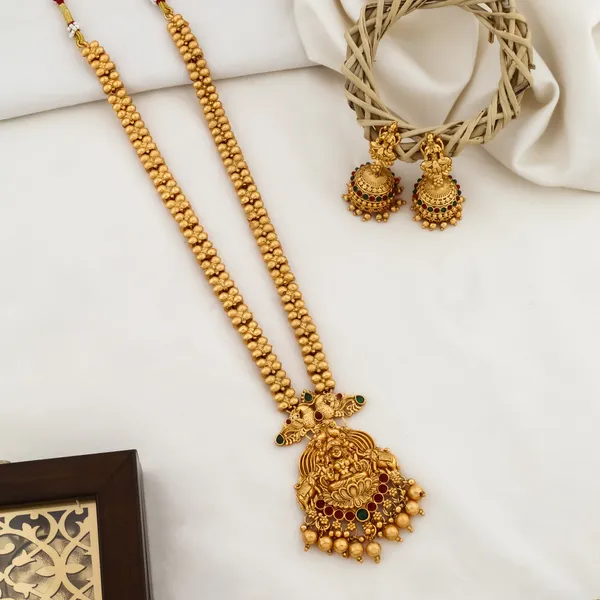 Grisha_Jewellery_Stylish_Lakshmi_Design_Matt_Bead_Brass_Gold_Plated_Matte_Long_Haram_Necklace_Jewellery_Set_For_Women_And_Girls