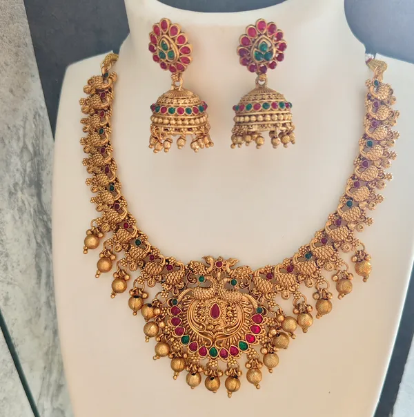 Grisha_Jewellery_Latest_Peacock_Design_Matt_Bead_Brass_Gold_Plated_Matte_Short_Necklace_Jewellery_Set_For_Women_And_Girls