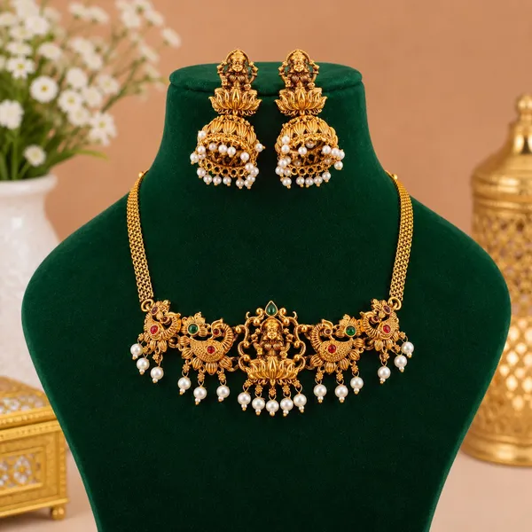Classic_Duck_Design_Pearls_Gold_Plated_Matte_Choker_Necklace_Set_For_Women_And_Girls