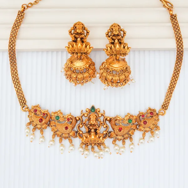 Classic_Duck_Design_Pearls_Gold_Plated_Matte_Choker_Necklace_Set_For_Women_And_Girls