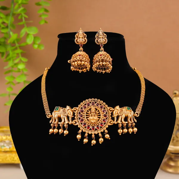 Classic_Elephant_Design_Pearls_Gold_Plated_Matte_Choker_Necklace_Set_For_Women_And_Girls