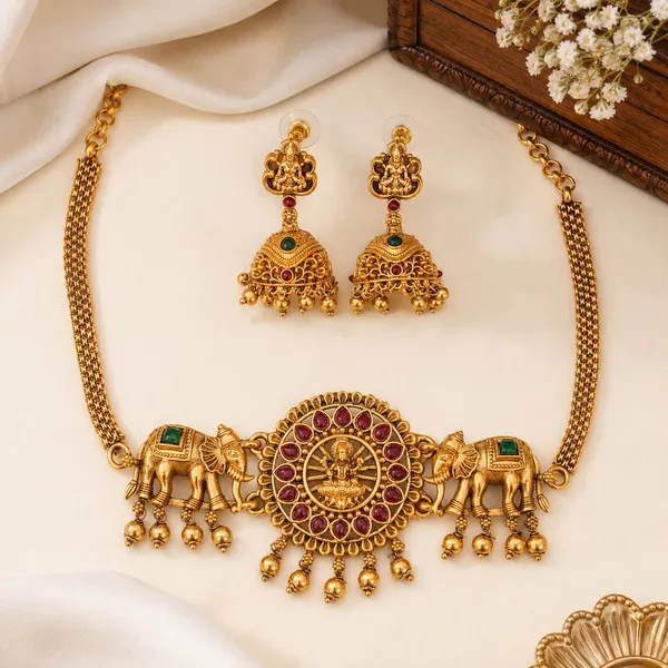 Classic_Elephant_Design_Pearls_Gold_Plated_Matte_Choker_Necklace_Set_For_Women_And_Girls