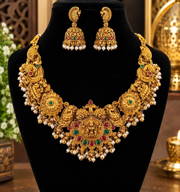 Classic_Peacock_Design_Pearl_Bead_Brass_Gold_Plated_Matte_Short_Necklace_Jewellery_Set_For_Women_And_Girls