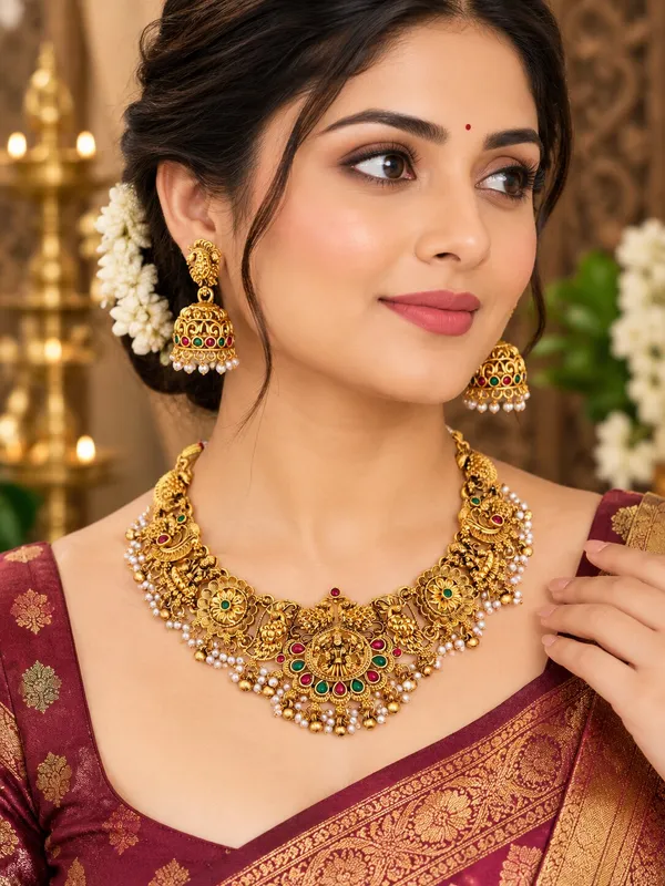Classic_Peacock_Design_Pearl_Bead_Brass_Gold_Plated_Matte_Short_Necklace_Jewellery_Set_For_Women_And_Girls
