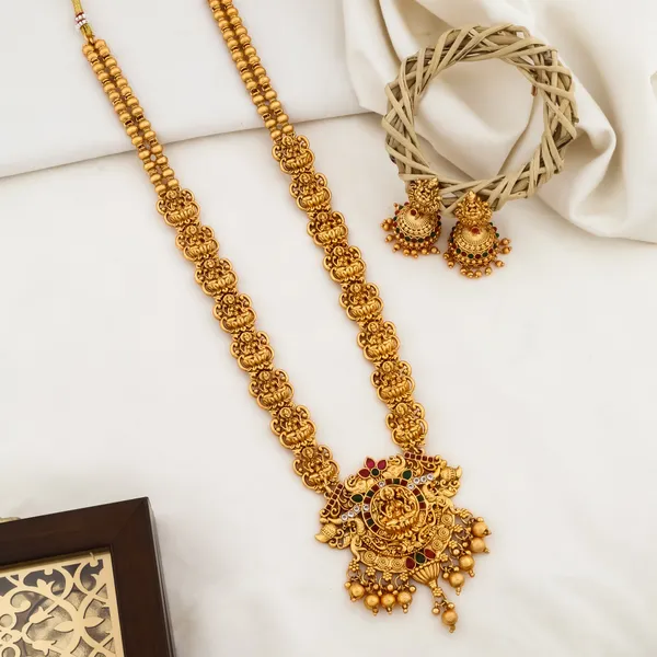 Grisha_Jewellery_Designer_Lakshmi_With_Elephant_Design_Matt_Bead_Brass_Gold_Plated_Matte_Long_Haram_Necklace_Jewellery_Set_For_Women_And_Girls