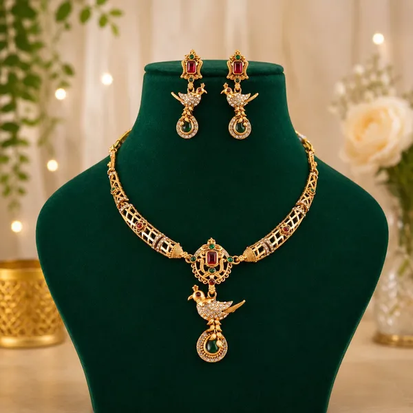 Diamond_Gold_Plated_Matte_Necklace_Jewellery_Set_For_Women_And_Girls