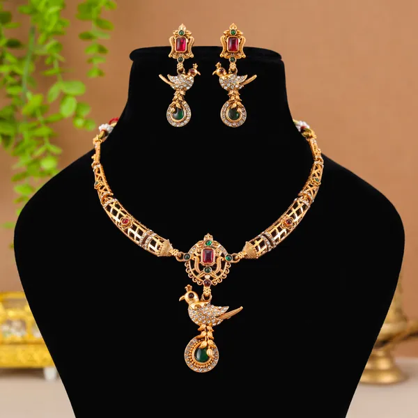 Diamond_Gold_Plated_Matte_Necklace_Jewellery_Set_For_Women_And_Girls