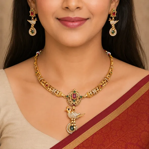 Diamond_Gold_Plated_Matte_Necklace_Jewellery_Set_For_Women_And_Girls