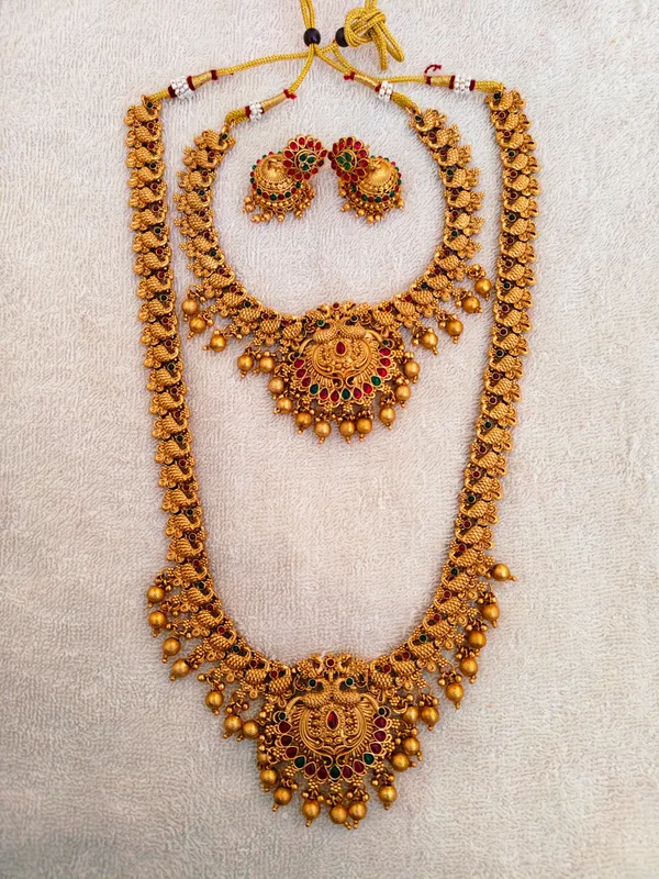 Grisha_Jewellery_Peacock_Design_Matt_Bead_Brass_Gold_Plated_Long_Haram_And_Short_Necklace_Combo_Jewellery_Set_For_Women_And_Girls