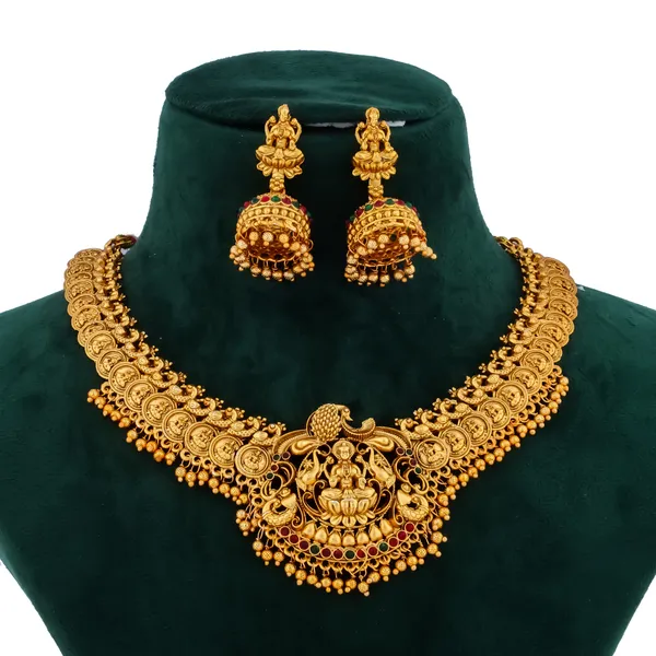 Grisha_Jewellery_Traditional_Lakshmi_Gini_Design_Matt_Bead_Brass_Gold_Plated_Matte_Short_Necklace_Jewellery_Set_For_Women_And_Girls