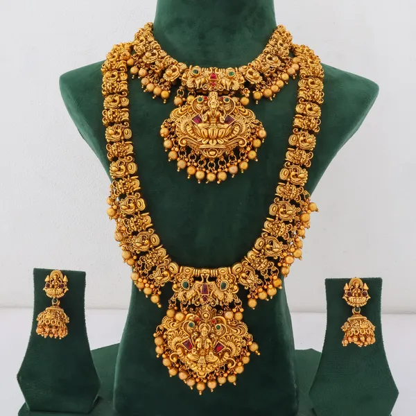 Grisha_Jewellery_3D_Laxmi_Design_Matt_Bead_Brass_Gold_Plated_Long_Haram_And_Short_Necklace_Combo_Jewellery_Set_For_Women_And_Girls