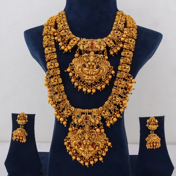 Grisha_Jewellery_3D_Laxmi_Design_Matt_Bead_Brass_Gold_Plated_Long_Haram_And_Short_Necklace_Combo_Jewellery_Set_For_Women_And_Girls