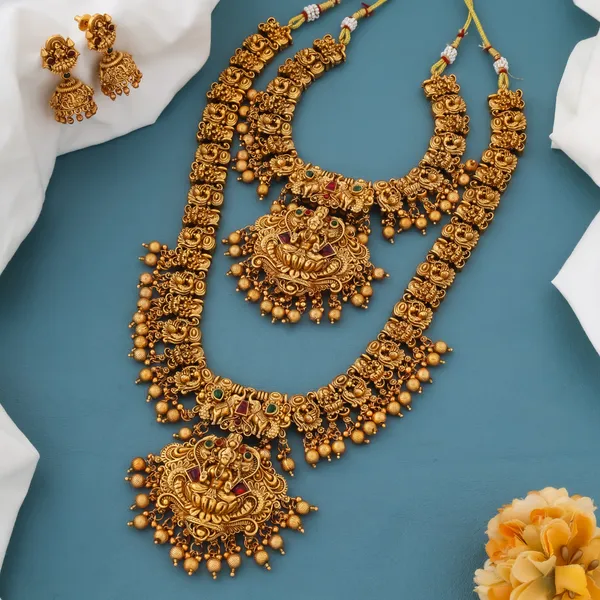 Grisha_Jewellery_3D_Laxmi_Design_Matt_Bead_Brass_Gold_Plated_Long_Haram_And_Short_Necklace_Combo_Jewellery_Set_For_Women_And_Girls