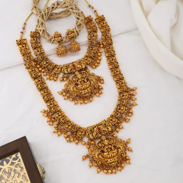 Grisha_Jewellery_3D_Laxmi_Design_Matt_Bead_Brass_Gold_Plated_Long_Haram_And_Short_Necklace_Combo_Jewellery_Set_For_Women_And_Girls