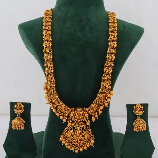 Grisha_Jewellery_Classic_Laxmi_Design_Matt_Bead_Brass_Gold_Plated_Matte_Long_Haram_Necklace_Jewellery_Set_For_Women_And_Girls