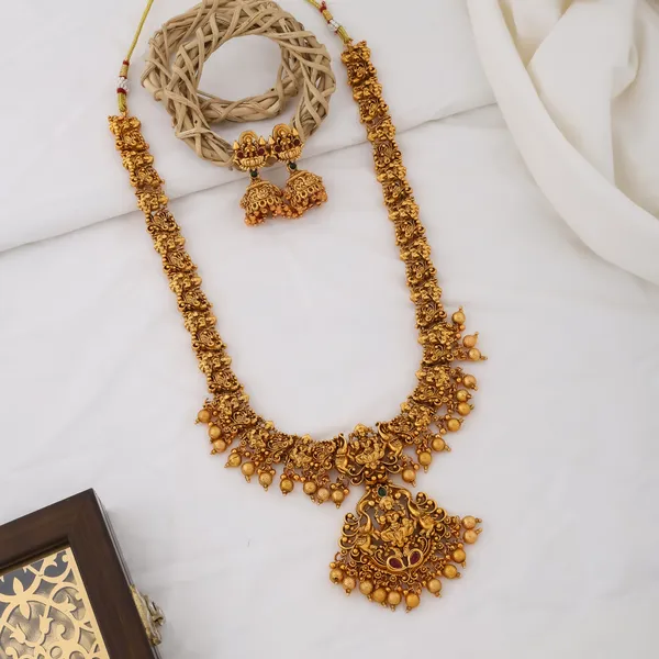 Grisha_Jewellery_Classic_Laxmi_Design_Matt_Bead_Brass_Gold_Plated_Matte_Long_Haram_Necklace_Jewellery_Set_For_Women_And_Girls