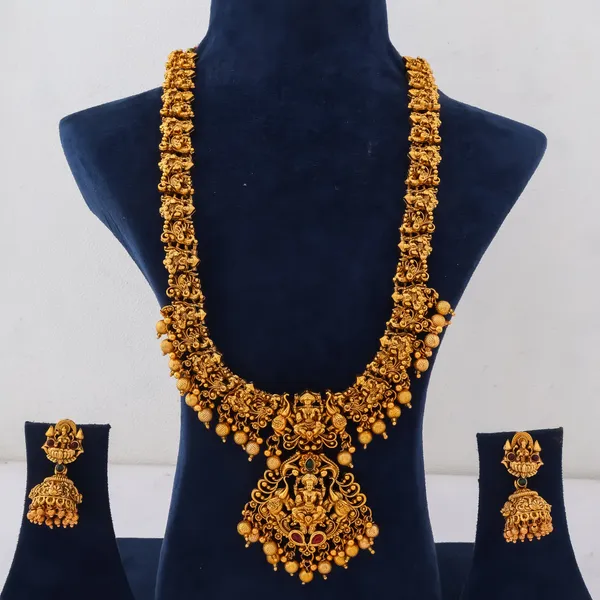 Grisha_Jewellery_Classic_Laxmi_Design_Matt_Bead_Brass_Gold_Plated_Matte_Long_Haram_Necklace_Jewellery_Set_For_Women_And_Girls