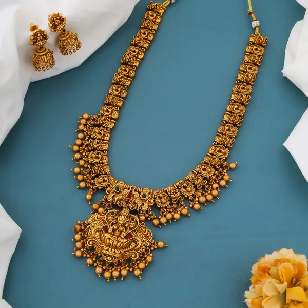 Grisha_Jewellery_Designer_3D_Lakshmi_Design_Matt_Bead_Brass_Gold_Plated_Matte_Long_Haram_Necklace_Jewellery_Set_For_Women_And_Girls