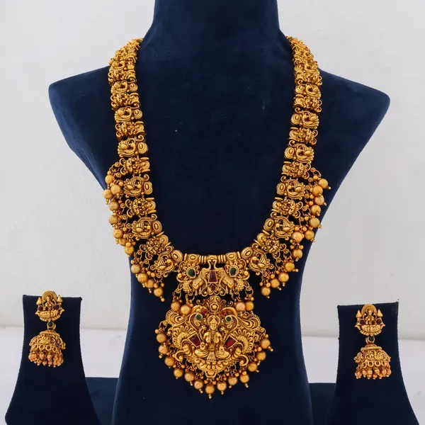 Grisha_Jewellery_Designer_3D_Lakshmi_Design_Matt_Bead_Brass_Gold_Plated_Matte_Long_Haram_Necklace_Jewellery_Set_For_Women_And_Girls
