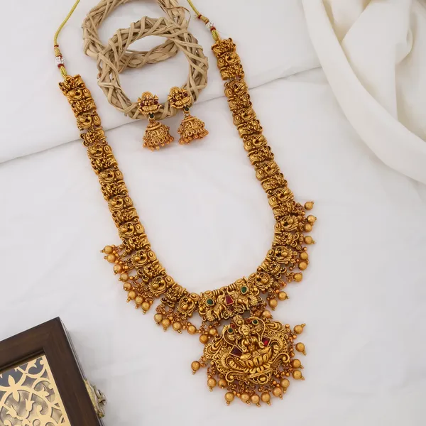 Grisha_Jewellery_Designer_3D_Lakshmi_Design_Matt_Bead_Brass_Gold_Plated_Matte_Long_Haram_Necklace_Jewellery_Set_For_Women_And_Girls
