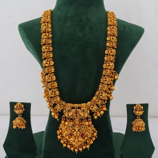 Grisha_Jewellery_Designer_3D_Lakshmi_Design_Matt_Bead_Brass_Gold_Plated_Matte_Long_Haram_Necklace_Jewellery_Set_For_Women_And_Girls