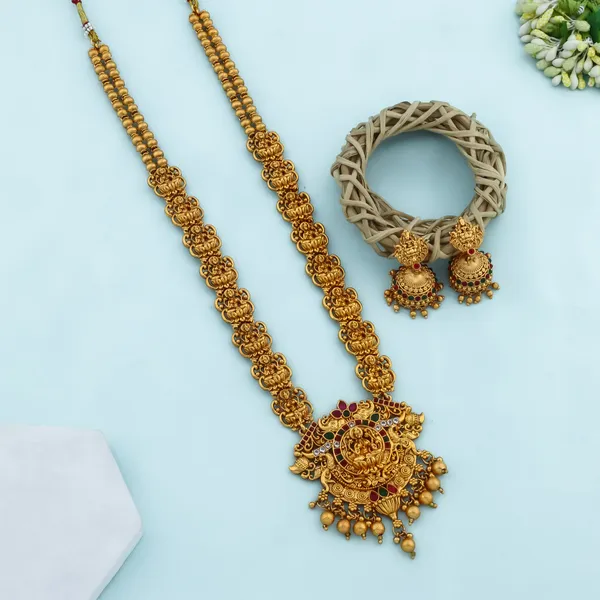 Grisha_Jewellery_Designer_Lakshmi_With_Elephant_Design_Matt_Bead_Brass_Gold_Plated_Matte_Long_Haram_Necklace_Jewellery_Set_For_Women_And_Girls