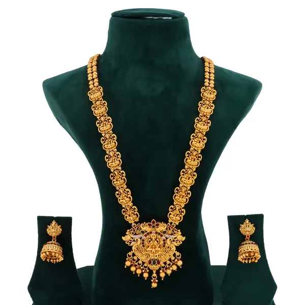 Grisha_Jewellery_Designer_Lakshmi_With_Elephant_Design_Matt_Bead_Brass_Gold_Plated_Matte_Long_Haram_Necklace_Jewellery_Set_For_Women_And_Girls