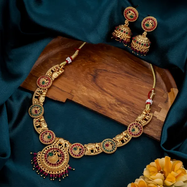 Grisha_Jewellery_Elephant_Design_Brass_Gold_Plated_Matte_Necklace_Jewellery_Set_For_Women_And_Girls