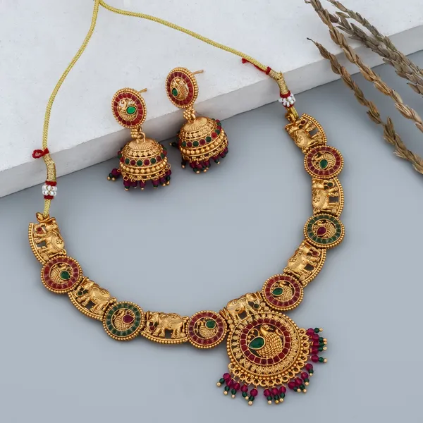 Grisha_Jewellery_Elephant_Design_Brass_Gold_Plated_Matte_Necklace_Jewellery_Set_For_Women_And_Girls