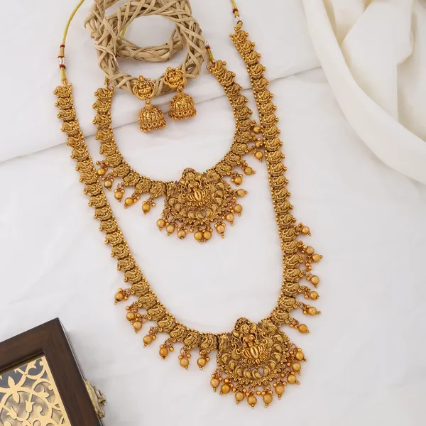 Grisha_Jewellery_Lakshmi_Design_Matt_Bead_Brass_Gold_Plated_Long_Haram_And_Short_Necklace_Combo_Jewellery_Set_For_Women_And_Girls