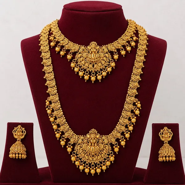Grisha_Jewellery_Lakshmi_Design_Matt_Bead_Brass_Gold_Plated_Long_Haram_And_Short_Necklace_Combo_Jewellery_Set_For_Women_And_Girls