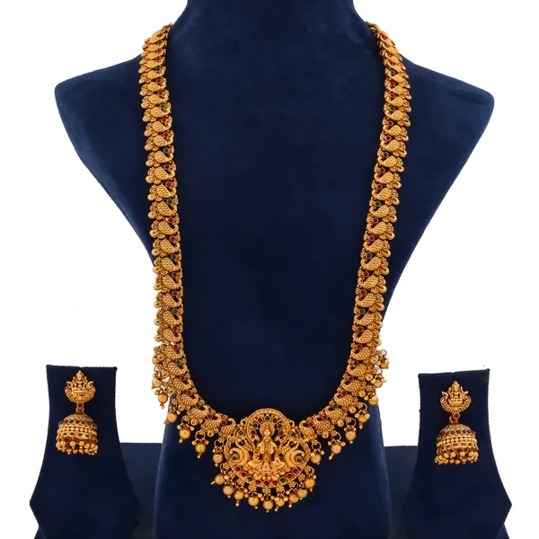 Grisha_Jewellery_Lakshmi_Design_Matt_Bead_Brass_Gold_Plated_Long_Haram_Rani_Haar_Necklace_Set_With_Jhumka