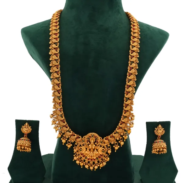Grisha_Jewellery_Lakshmi_Design_Matt_Bead_Brass_Gold_Plated_Long_Haram_Rani_Haar_Necklace_Set_With_Jhumka