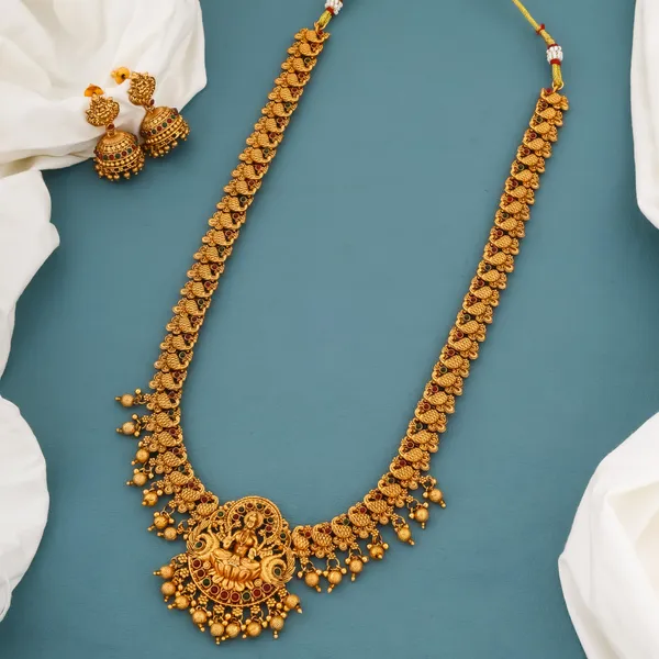Grisha_Jewellery_Lakshmi_Design_Matt_Bead_Brass_Gold_Plated_Long_Haram_Rani_Haar_Necklace_Set_With_Jhumka