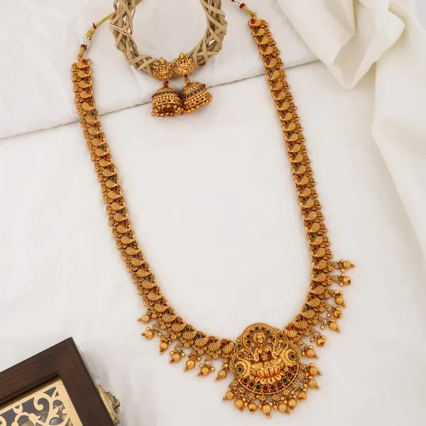 Grisha_Jewellery_Lakshmi_Design_Matt_Bead_Brass_Gold_Plated_Long_Haram_Rani_Haar_Necklace_Set_With_Jhumka