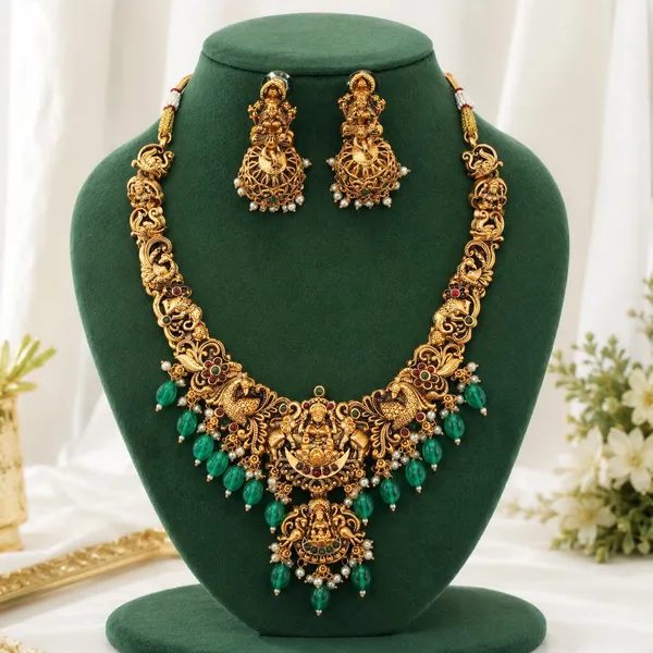 Grisha_Jewellery_Latest_Elephant_Design_Green_Bead_Brass_Gold_Plated_Matte_Short_Necklace_Jewellery_Set_For_Women_And_Girls