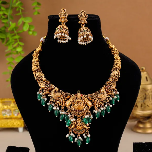 Grisha_Jewellery_Latest_Elephant_Design_Green_Bead_Brass_Gold_Plated_Matte_Short_Necklace_Jewellery_Set_For_Women_And_Girls