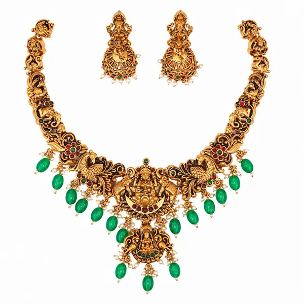 Grisha_Jewellery_Latest_Elephant_Design_Green_Bead_Brass_Gold_Plated_Matte_Short_Necklace_Jewellery_Set_For_Women_And_Girls