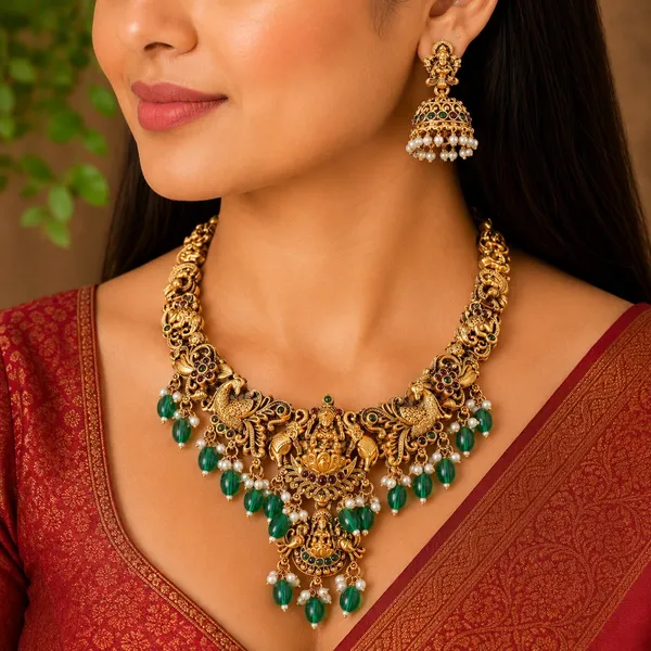 Grisha_Jewellery_Latest_Elephant_Design_Green_Bead_Brass_Gold_Plated_Matte_Short_Necklace_Jewellery_Set_For_Women_And_Girls