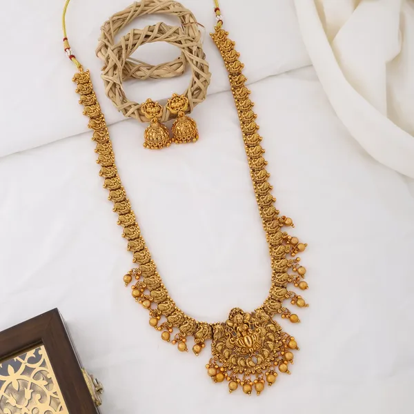 Grisha_Jewellery_Latest_Lakshmi_Design_Matt_Bead_Brass_Gold_Plated_Matte_Long_Haram_Necklace_Jewellery_Set_For_Women_And_Girls