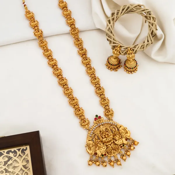 Grisha_Jewellery_Latest_Lakshmi_Design_Matt_Bead_Brass_Gold_Plated_Matte_Long_Haram_Necklace_Jewellery_Set_For_Women_And_Girls