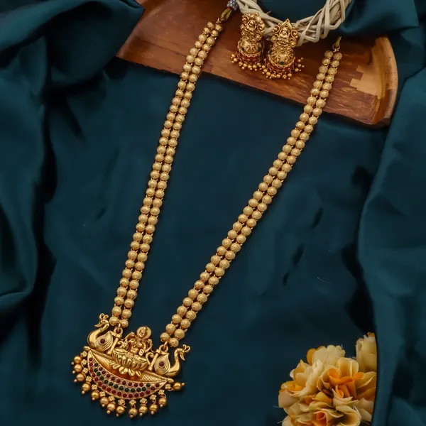 Grisha_Jewellery_Latest_Lakshmi_Design_Matt_Bead_Brass_Gold_Plated_Matte_Long_Haram_Necklace_Jewellery_Set_For_Women_And_Girls