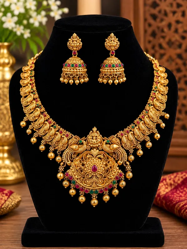 Grisha_Jewellery_Latest_Laxmi_Design_Golden_Bead_Brass_Gold_Plated_Matte_Necklace_Choker_Set_For_Women_And_Girls