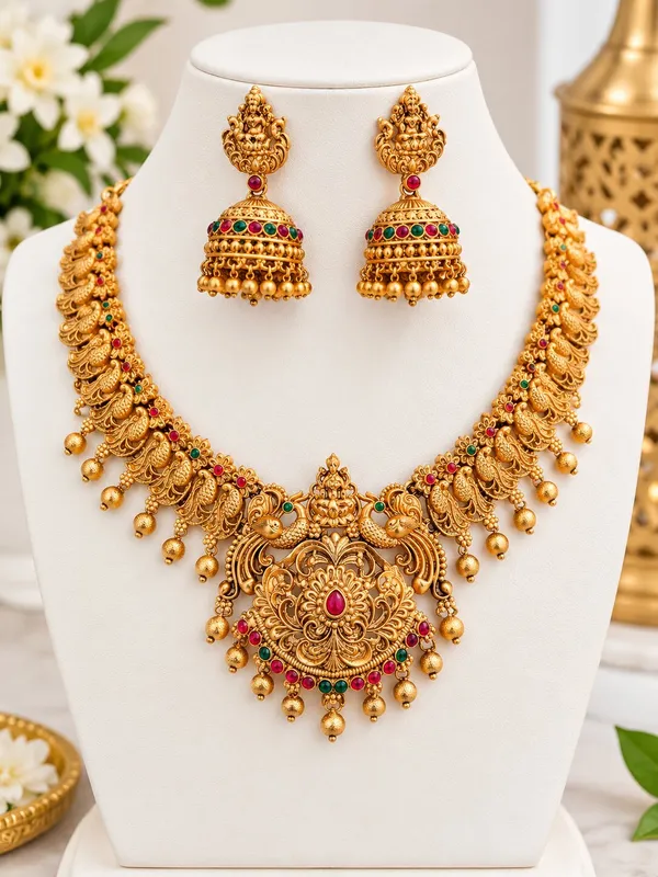 Grisha_Jewellery_Latest_Laxmi_Design_Golden_Bead_Brass_Gold_Plated_Matte_Necklace_Choker_Set_For_Women_And_Girls