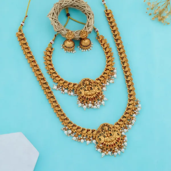 Grisha_Jewellery_Latest_Matte_Gold_Plated_Long_Necklace_With_Short_Necklace_Combo_Set_With_Earrings_For_Women