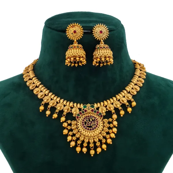 Grisha_Jewellery_Latest_Peacock_Design_Matt_Bead_Brass_Gold_Plated_Matte_Short_Necklace_Jewellery_Set_For_Women_And_Girls