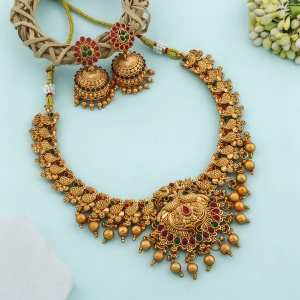Grisha_Jewellery_Latest_Peacock_Design_Matt_Bead_Brass_Gold_Plated_Matte_Short_Necklace_Jewellery_Set_For_Women_And_Girls