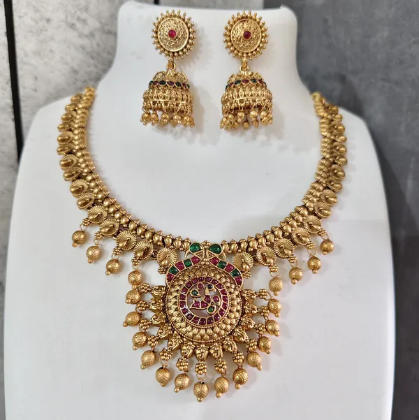 Grisha_Jewellery_Latest_Peacock_Design_Matt_Bead_Brass_Gold_Plated_Matte_Short_Necklace_Jewellery_Set_For_Women_And_Girls